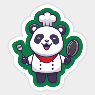 Cute Panda Chef Holding Pan And Spatula Cartoon Sticker